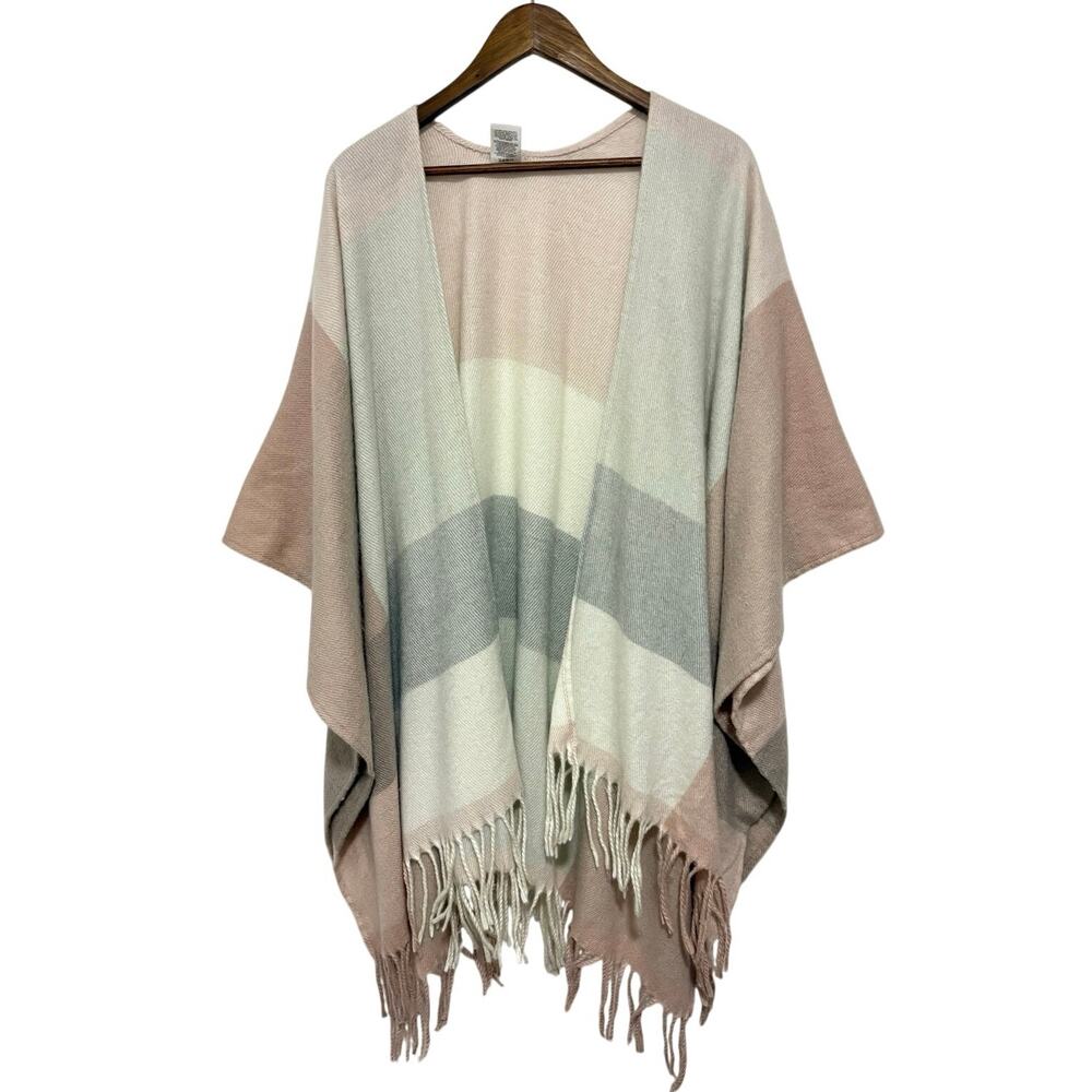 Woolrich One Size Colorblock Ruana Poncho Wrap Fringe Pink Gray Cream Boho